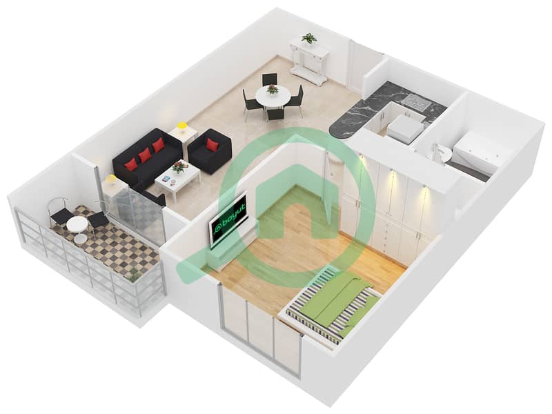المخططات الطابقية لتصميم النموذج 5 شقة 1 غرفة نوم - دايموند فيوز 2 interactive3D