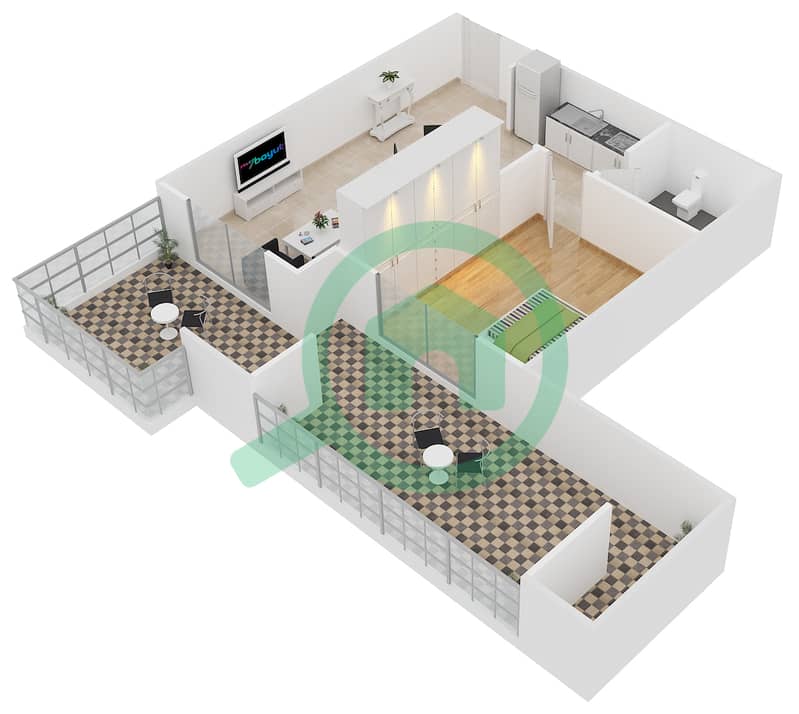 المخططات الطابقية لتصميم النموذج 21 شقة 1 غرفة نوم - دايموند فيوز 2 interactive3D