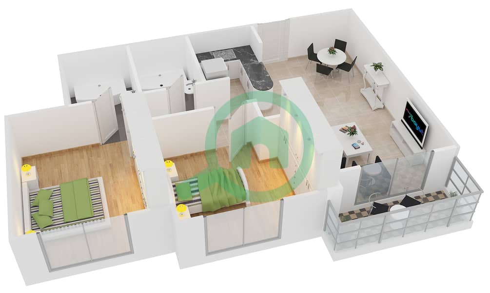 المخططات الطابقية لتصميم النموذج 8A شقة 2 غرفة نوم - دايموند فيوز 2 interactive3D