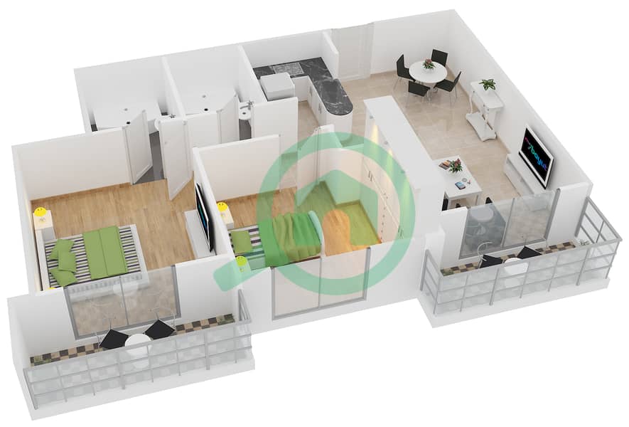 المخططات الطابقية لتصميم النموذج 8 شقة 2 غرفة نوم - دايموند فيوز 2 interactive3D