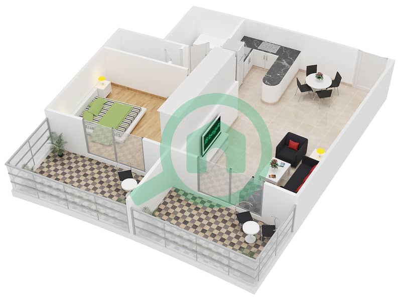 Даймонд Вьюс II - Апартамент 1 Спальня планировка Тип 14 interactive3D