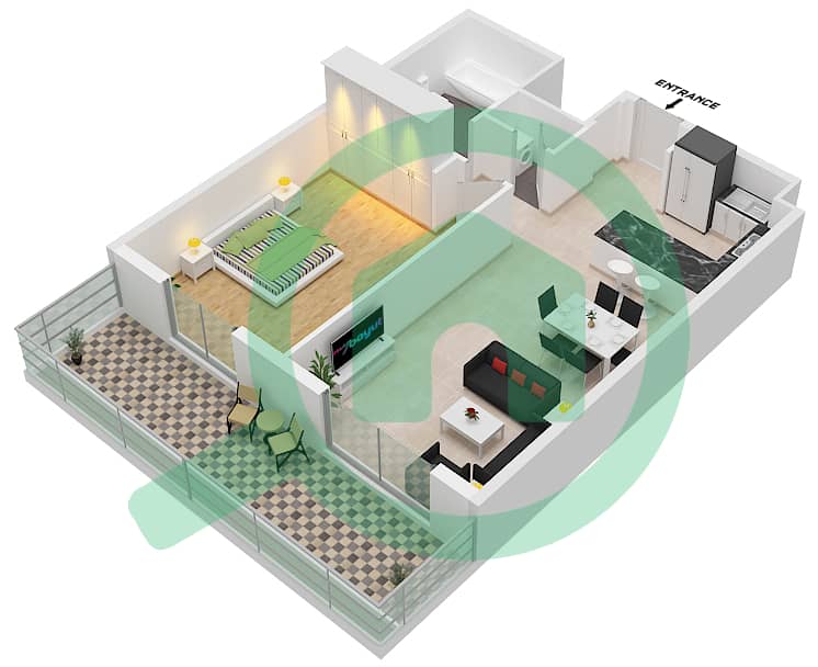 المخططات الطابقية لتصميم النموذج A3 شقة 1 غرفة نوم - سنترال بارك interactive3D