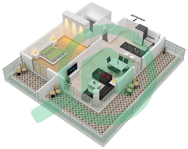 المخططات الطابقية لتصميم النموذج B2 شقة 1 غرفة نوم - سنترال بارك interactive3D