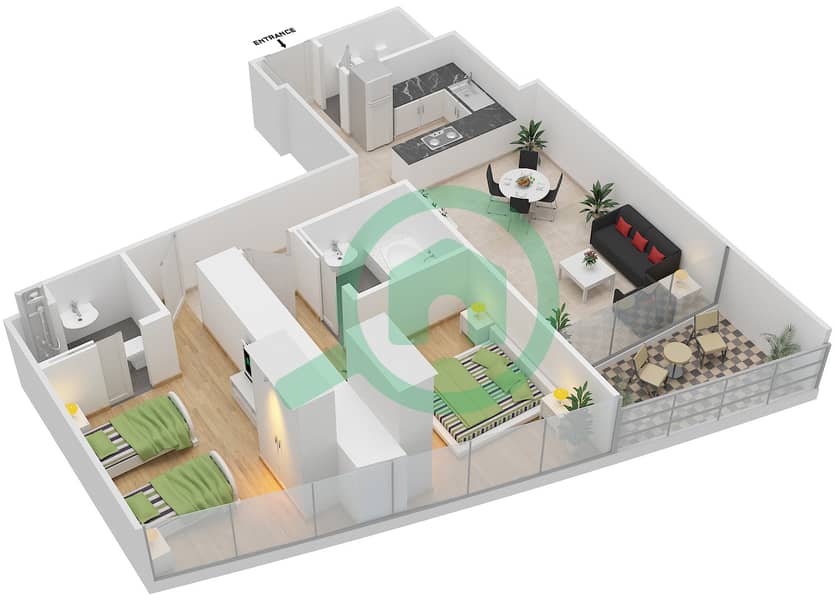 المخططات الطابقية لتصميم النموذج R2C شقة 2 غرفة نوم - برج جميرا جيت 1 Floor 3-16,18-41,43-72 interactive3D