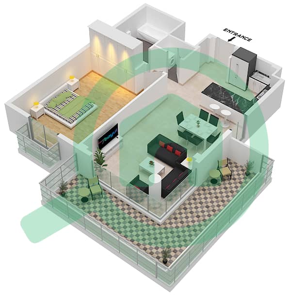 المخططات الطابقية لتصميم النموذج B3 شقة 1 غرفة نوم - سنترال بارك interactive3D