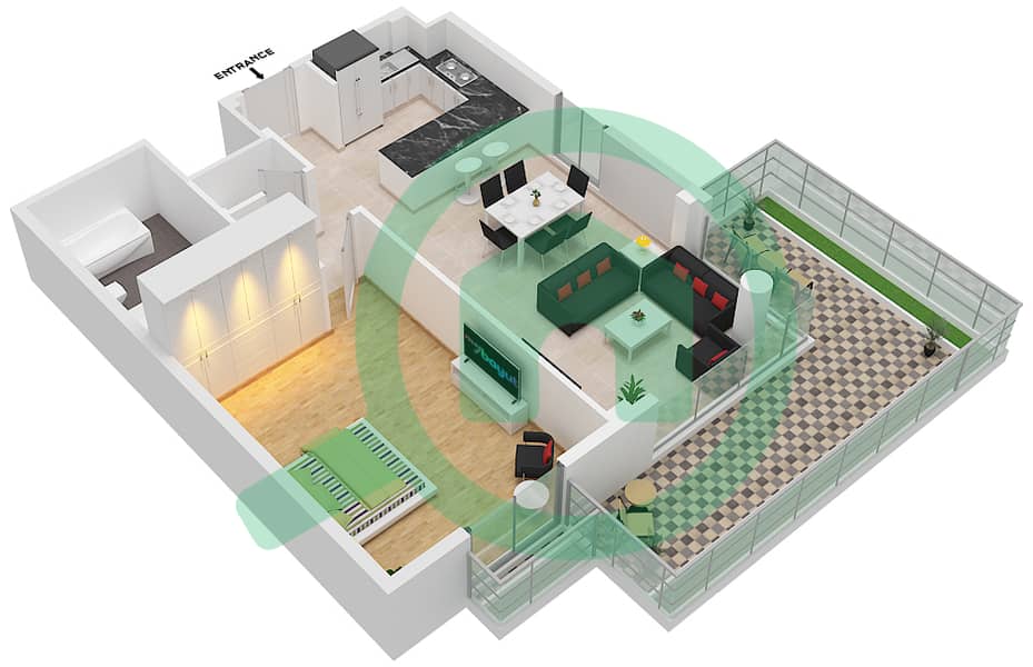 المخططات الطابقية لتصميم النموذج B4 شقة 1 غرفة نوم - سنترال بارك interactive3D
