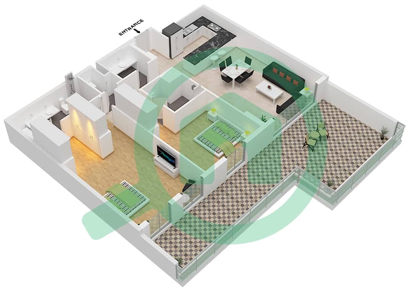 المخططات الطابقية لتصميم النموذج A2 شقة 2 غرفة نوم - سنترال بارك interactive3D