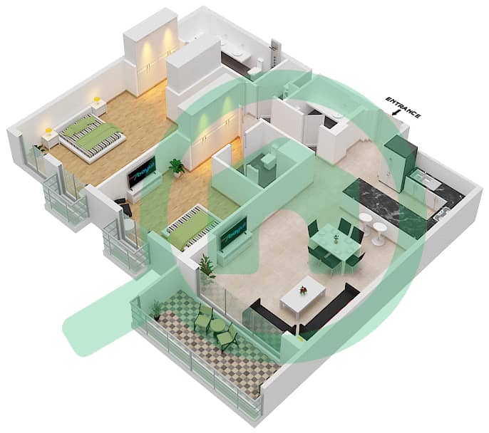المخططات الطابقية لتصميم النموذج A4 شقة 2 غرفة نوم - سنترال بارك interactive3D