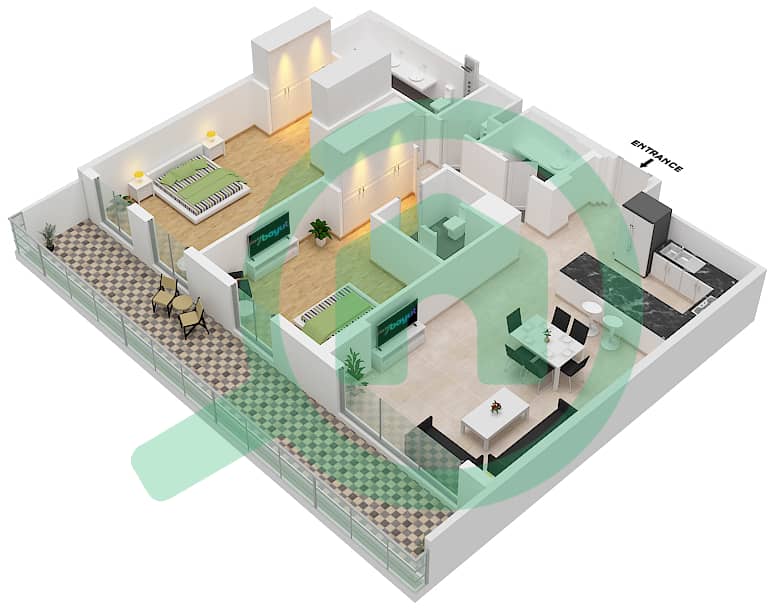 المخططات الطابقية لتصميم النموذج A5 شقة 2 غرفة نوم - سنترال بارك interactive3D