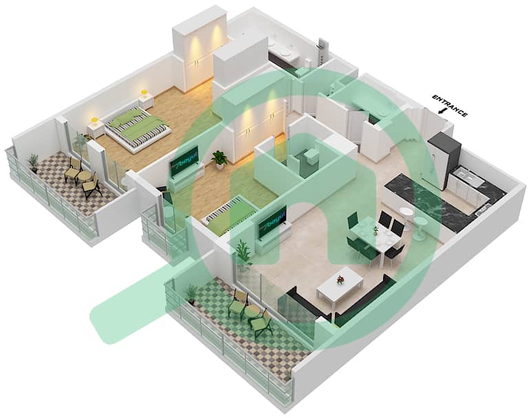 المخططات الطابقية لتصميم النموذج A6 شقة 2 غرفة نوم - سنترال بارك interactive3D