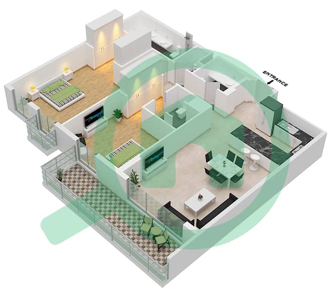 المخططات الطابقية لتصميم النموذج A7 شقة 2 غرفة نوم - سنترال بارك interactive3D