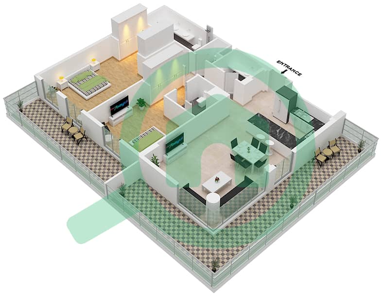 المخططات الطابقية لتصميم النموذج B1 شقة 2 غرفة نوم - سنترال بارك interactive3D