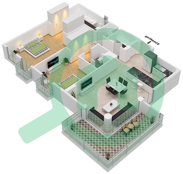 المخططات الطابقية لتصميم النموذج B2 شقة 2 غرفة نوم - سنترال بارك interactive3D