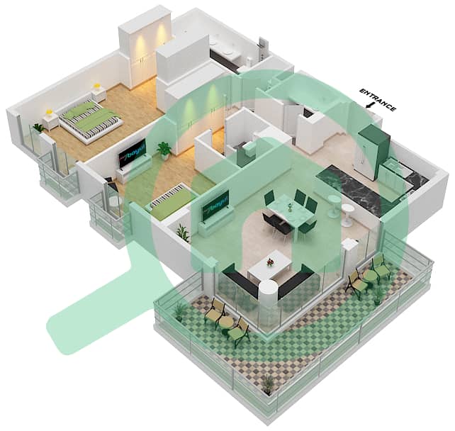 المخططات الطابقية لتصميم النموذج B3 شقة 2 غرفة نوم - سنترال بارك interactive3D