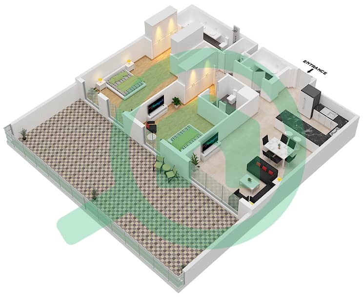 المخططات الطابقية لتصميم النموذج A1 شقة 2 غرفة نوم - سنترال بارك interactive3D