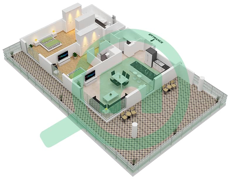 المخططات الطابقية لتصميم النموذج B4 شقة 2 غرفة نوم - سنترال بارك interactive3D