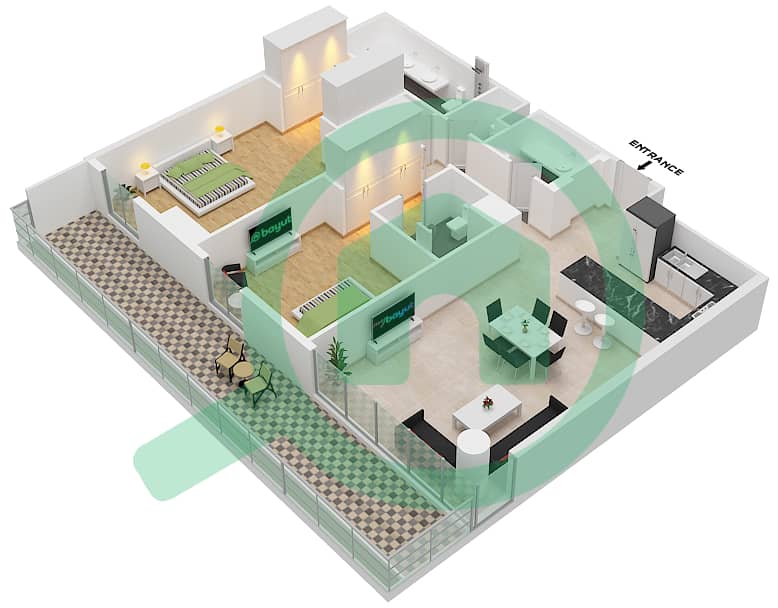 المخططات الطابقية لتصميم النموذج C1 شقة 2 غرفة نوم - سنترال بارك interactive3D