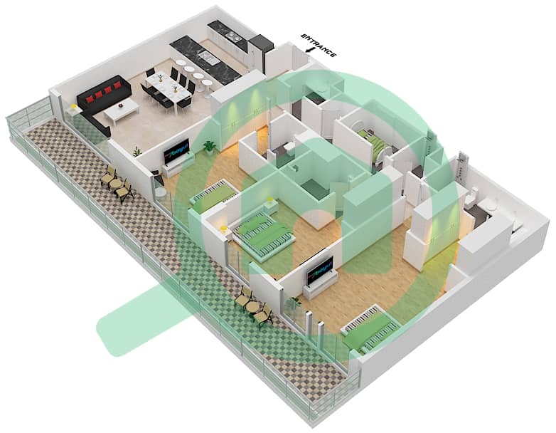 المخططات الطابقية لتصميم النموذج A1 شقة 3 غرف نوم - سنترال بارك interactive3D