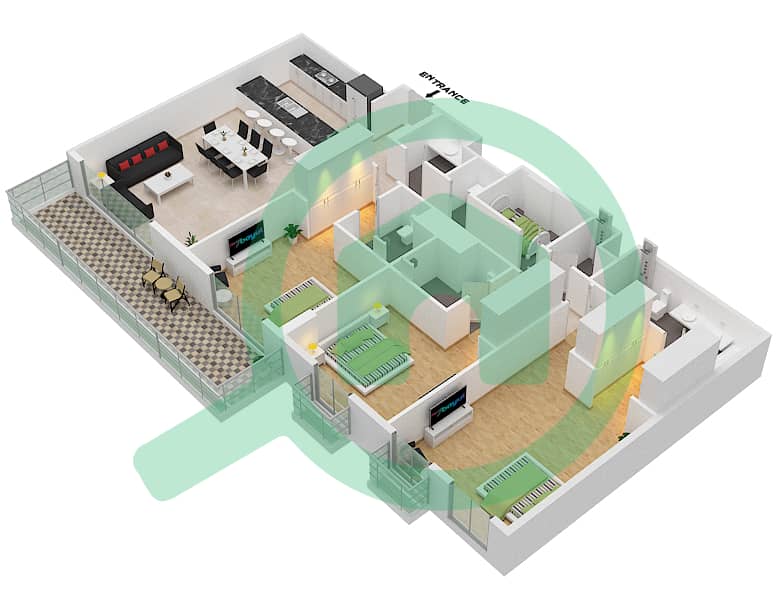 المخططات الطابقية لتصميم النموذج A2 شقة 3 غرف نوم - سنترال بارك interactive3D