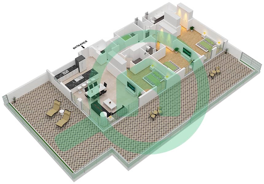 المخططات الطابقية لتصميم النموذج B1 شقة 3 غرف نوم - سنترال بارك interactive3D