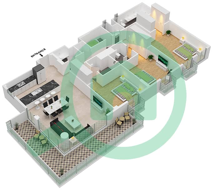 المخططات الطابقية لتصميم النموذج B3 شقة 3 غرف نوم - سنترال بارك interactive3D