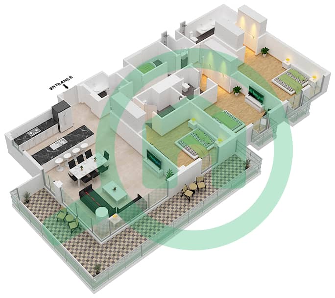 المخططات الطابقية لتصميم النموذج B4 شقة 3 غرف نوم - سنترال بارك interactive3D