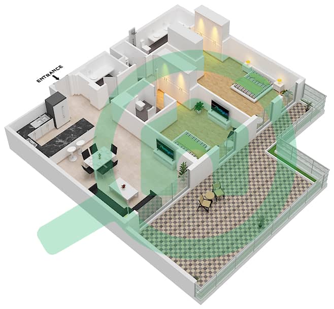 المخططات الطابقية لتصميم النموذج A3 شقة 2 غرفة نوم - سنترال بارك interactive3D