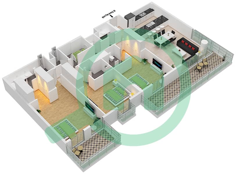 المخططات الطابقية لتصميم النموذج C1 شقة 3 غرف نوم - سنترال بارك interactive3D