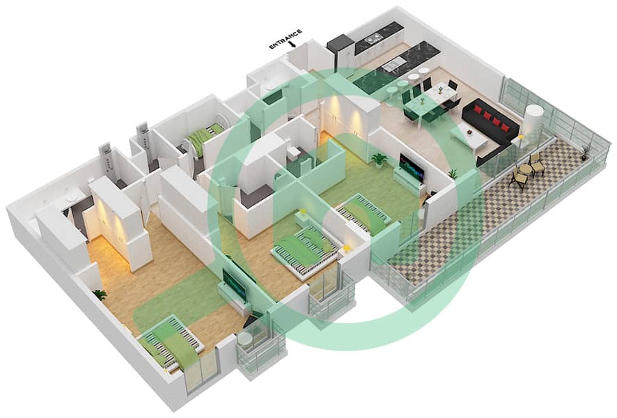 المخططات الطابقية لتصميم النموذج C2 شقة 3 غرف نوم - سنترال بارك interactive3D