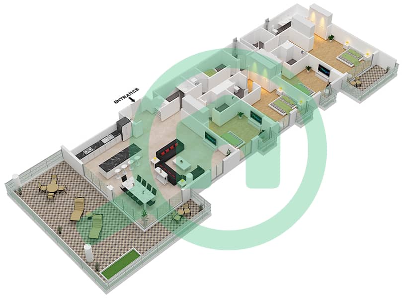 المخططات الطابقية لتصميم النموذج A1 شقة 4 غرف نوم - سنترال بارك interactive3D