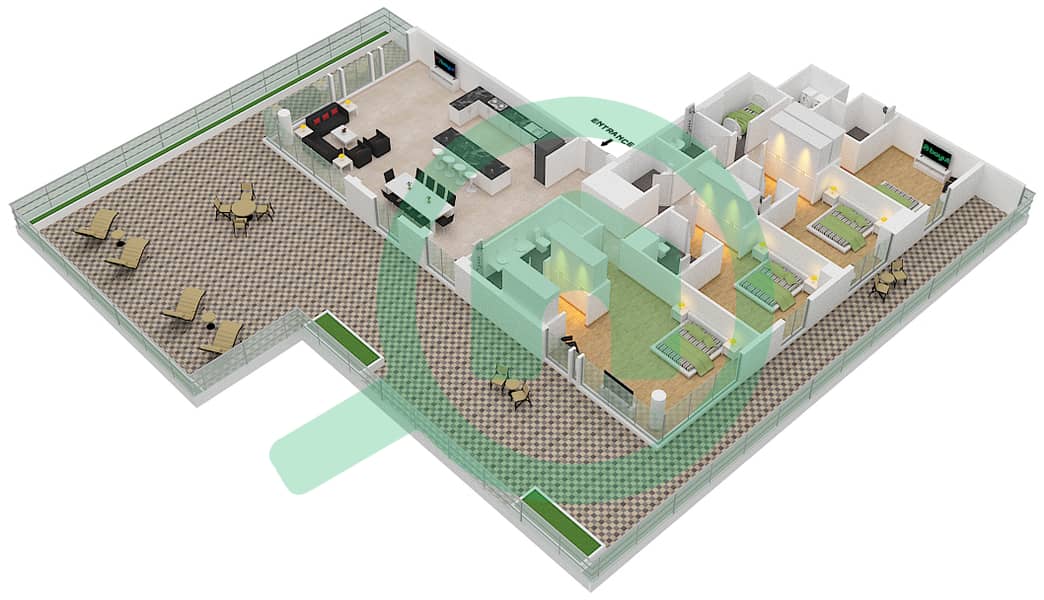 المخططات الطابقية لتصميم النموذج C1 شقة 4 غرف نوم - سنترال بارك interactive3D