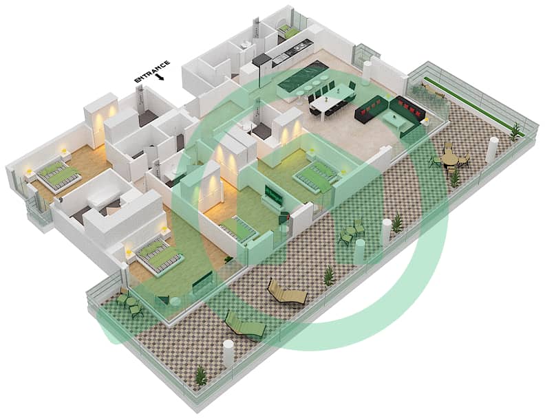 المخططات الطابقية لتصميم النموذج B2 شقة 4 غرف نوم - سنترال بارك interactive3D