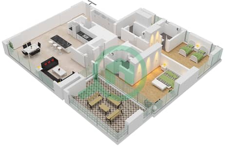 المخططات الطابقية لتصميم الوحدة 2201 شقة 2 غرفة نوم - ون جي بي ار