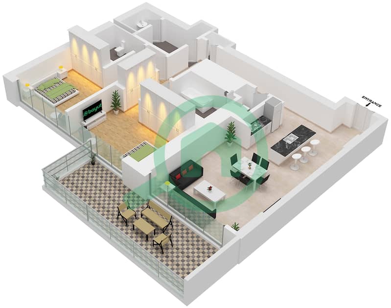 المخططات الطابقية لتصميم الوحدة 2602 شقة 2 غرفة نوم - ون جي بي ار Floor 1-30 interactive3D