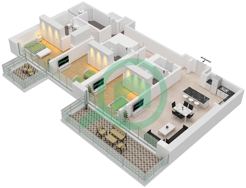 المخططات الطابقية لتصميم الوحدة 3902 شقة 3 غرف نوم - ون جي بي ار Floor 32-44 interactive3D