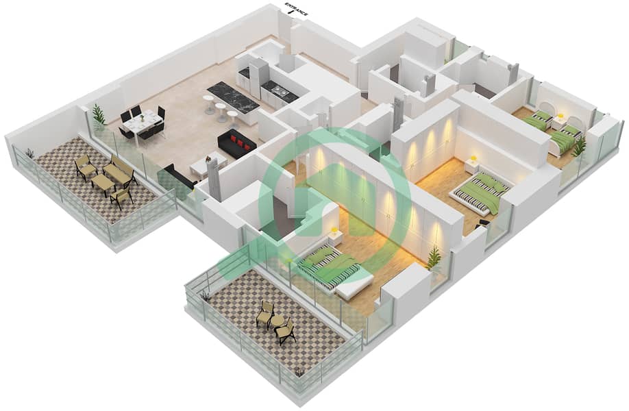 المخططات الطابقية لتصميم الوحدة 1001 شقة 3 غرف نوم - ون جي بي ار Floor 1-30 interactive3D
