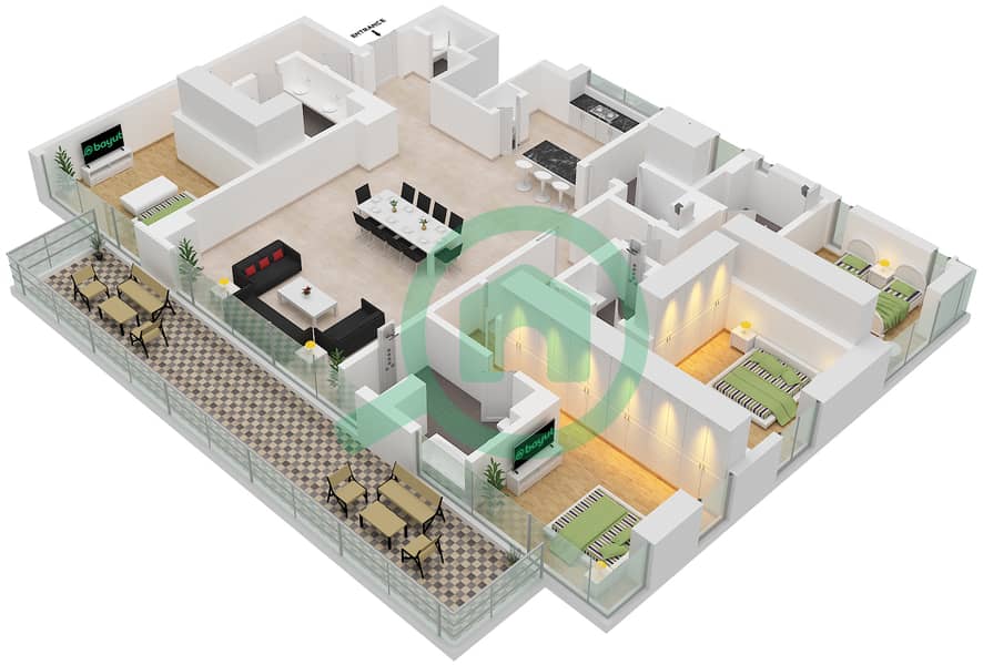 1 JBR - Апартамент 4 Cпальни планировка Единица измерения 3902 Floor 32-44 interactive3D