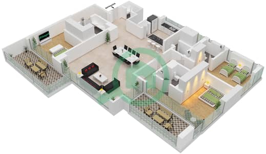 المخططات الطابقية لتصميم الوحدة 3401 شقة 3 غرف نوم - ون جي بي ار
