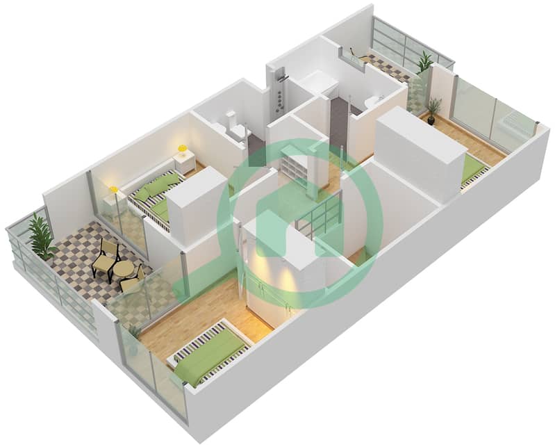 المخططات الطابقية لتصميم النموذج 2M تاون هاوس 3 غرف نوم - كاميليا interactive3D