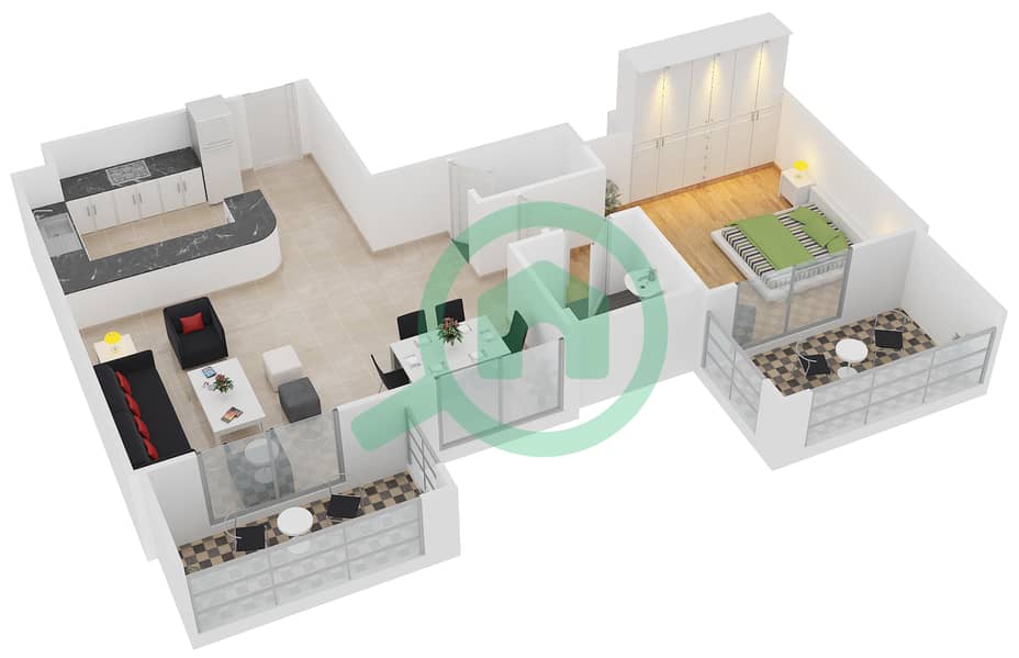 المخططات الطابقية لتصميم النموذج / الوحدة 2A /11 شقة 1 غرفة نوم - عزيزي لياتريس Floor 1 interactive3D