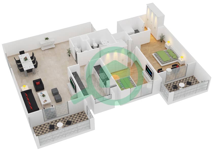 阿齐兹利亚特里斯公寓 - 2 卧室公寓类型／单位1B/01戶型图 Floor 2 - 10 interactive3D