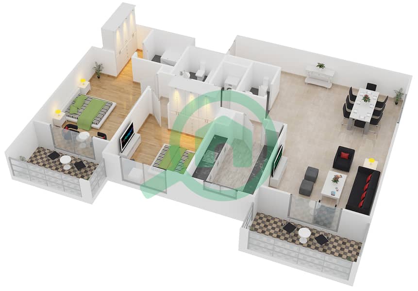 阿齐兹利亚特里斯公寓 - 2 卧室公寓类型／单位1B/02戶型图 Floor 2 - 10 interactive3D