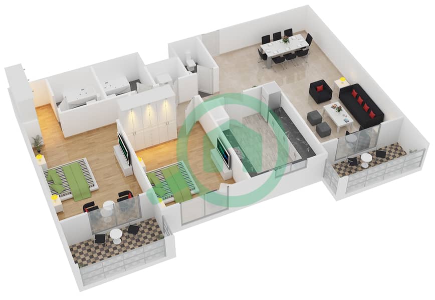 المخططات الطابقية لتصميم النموذج / الوحدة 2B/03 شقة 2 غرفة نوم - عزيزي لياتريس Floor 2 - 10 interactive3D