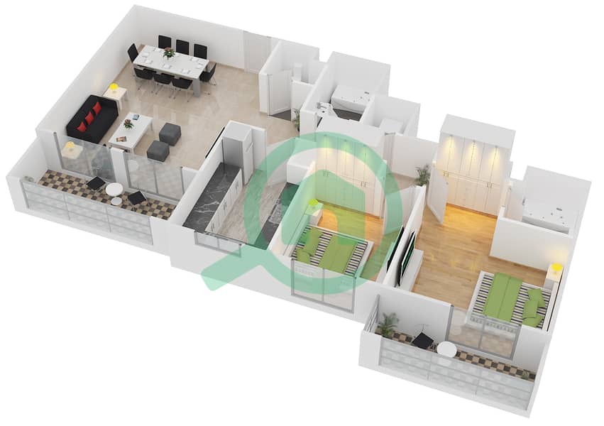 阿齐兹利亚特里斯公寓 - 2 卧室公寓类型／单位3B/04戶型图 Floor 2 - 10 interactive3D