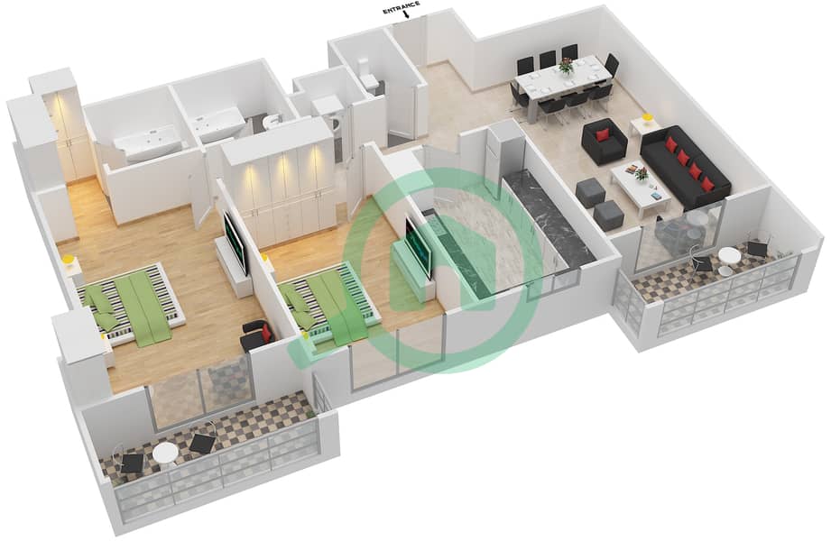 阿齐兹利亚特里斯公寓 - 2 卧室公寓类型／单位1B/07戶型图 Floor 2 - 10 interactive3D