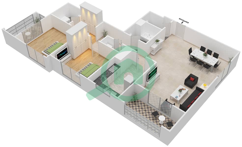 阿齐兹利亚特里斯公寓 - 2 卧室公寓类型／单位4B/08戶型图 Floor 2 - 10 interactive3D