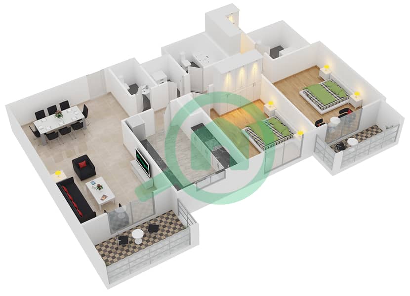 阿齐兹利亚特里斯公寓 - 2 卧室公寓类型／单位8B /11戶型图 Floor 2 - 10 interactive3D