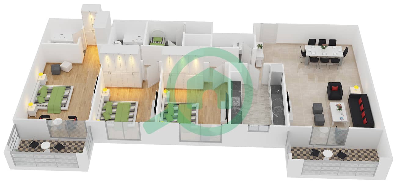 المخططات الطابقية لتصميم النموذج / الوحدة 1B/09 شقة 3 غرف نوم - عزيزي لياتريس Floor 2 - 10 interactive3D