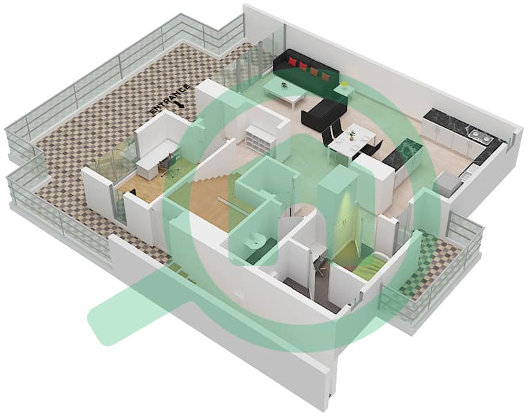 脉动联排别墅 - 3 卧室联排别墅类型／单位B/6戶型图 Floor 1 interactive3D