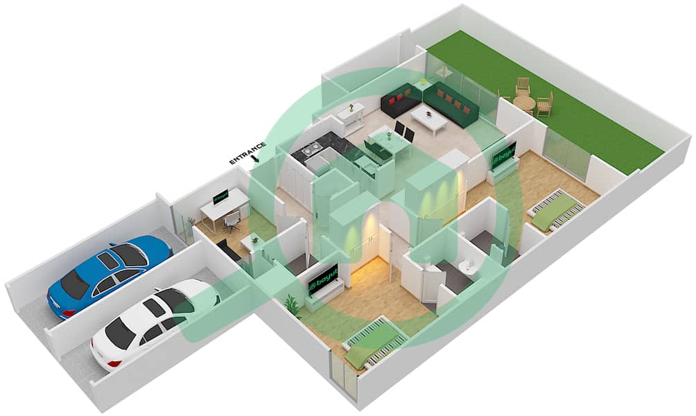 المخططات الطابقية لتصميم النموذج / الوحدة E/1 تاون هاوس 2 غرفة نوم - ذا بلس ناون هاوسيز Ground Floor interactive3D